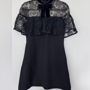 Self Portrait Lace Overlay Mini Dress with Velvet Bow - Black, Size 6, Pre-Owned